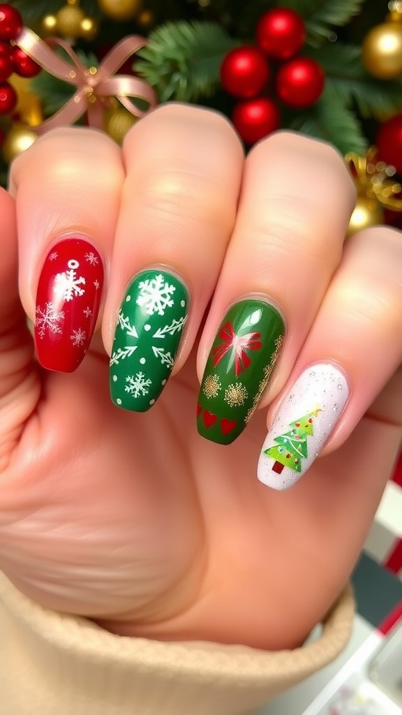 Elegant oval Christmas nails with red, green, and gold designs, featuring snowflakes and Christmas trees.